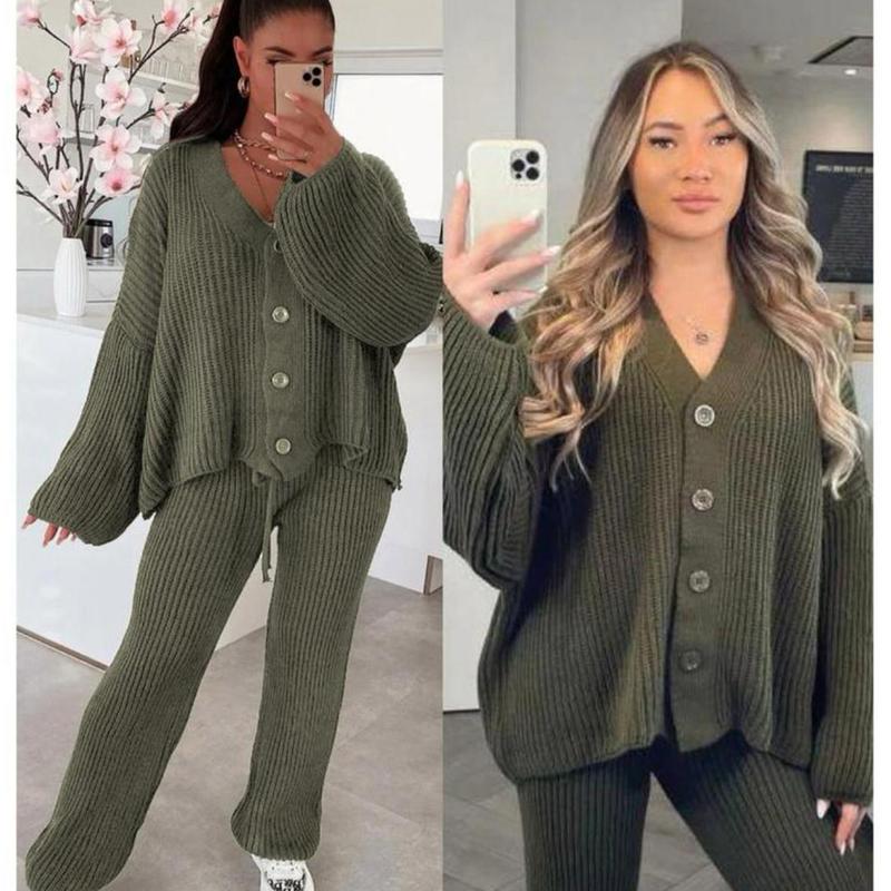 Two Pcs Cardigan & Trouser Set Plain Casual Warm V-Neck Button Winter Cardi Bottom Knitwear Co-Ord Sets Casual Lounge Wear Black 5