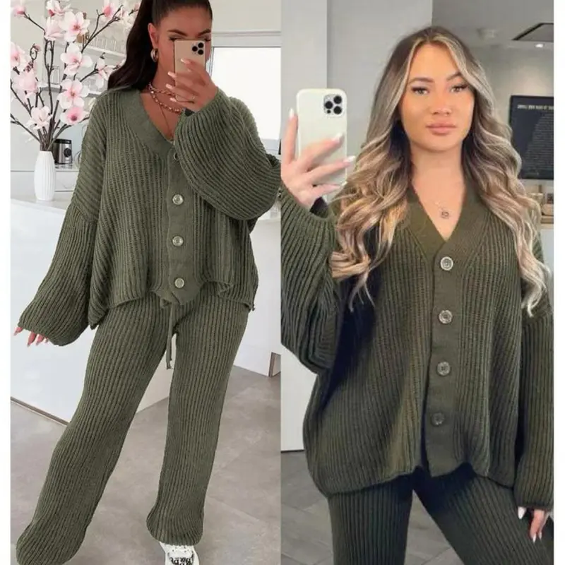 Two Pcs Cardigan & Trouser Set Plain Casual Warm V-Neck Button Winter Cardi Bottom Knitwear Co-Ord Sets Casual Lounge Wear Black 5