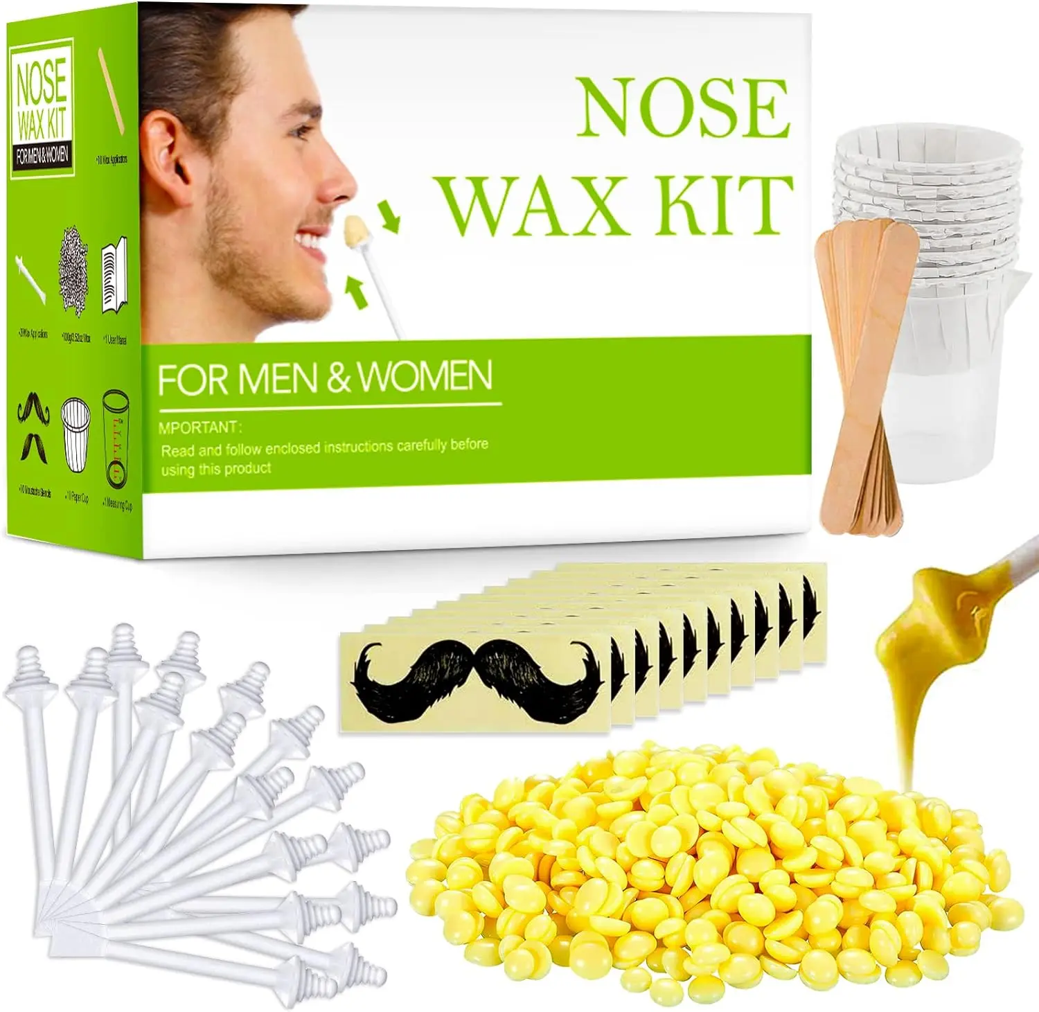 Nose Wax Kit for Men and Women, Nose Hair Removal Wax with 100g Nose Hair Wax 20 Safe Tip 10 Wooden Applicators, 10 Containers and 10 Moustache Stencils, Painless, Easy and Quick solution Skincare Smooth Comfort Cleansing Cream Cosmetic