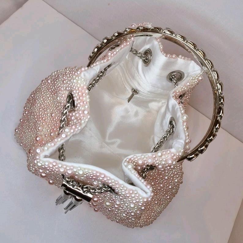 Ivory Pink Pearl Luxury Bon Bon Crystal Diamond Top Handle Tassel Chain Embellished Evening Clutch Bag for Women odourless elegant fashion bags 9