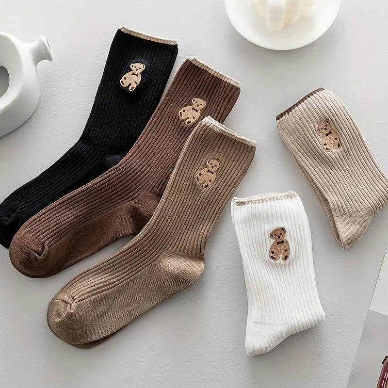 Bear Pattern Socks, Cute & Breathable Mid Tube Socks, Women's Stockings & Hosiery Womenswear Comfort
