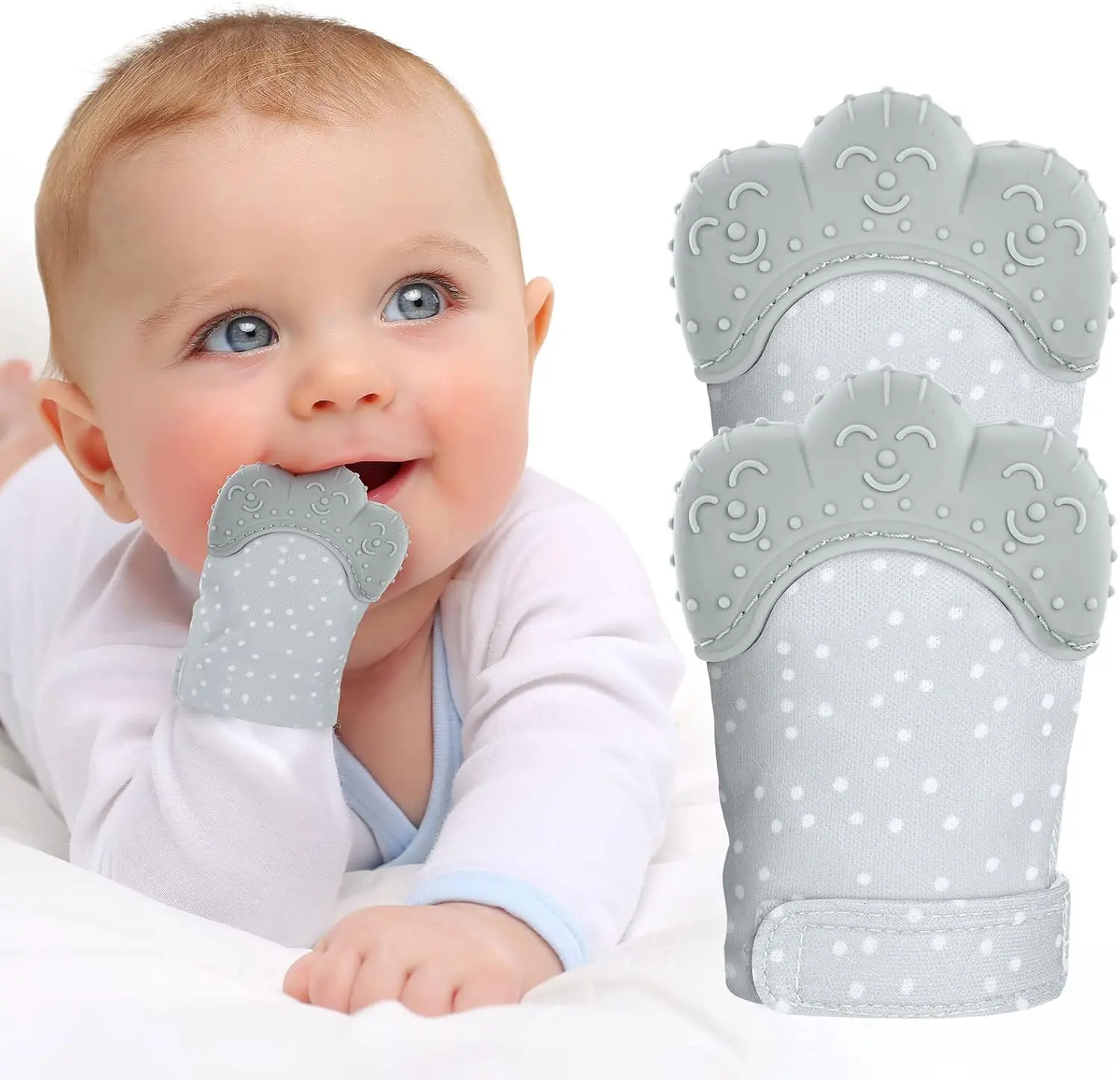 Baby Teething Set, 2 Pack Teething Mittens for Baby, Includes 2 Silicone Mitten Teether Glove, Polka Dots Teething Glove, Infant Soothing Pain Relief Mitt Baby Teether Mits for Baby (Grey)