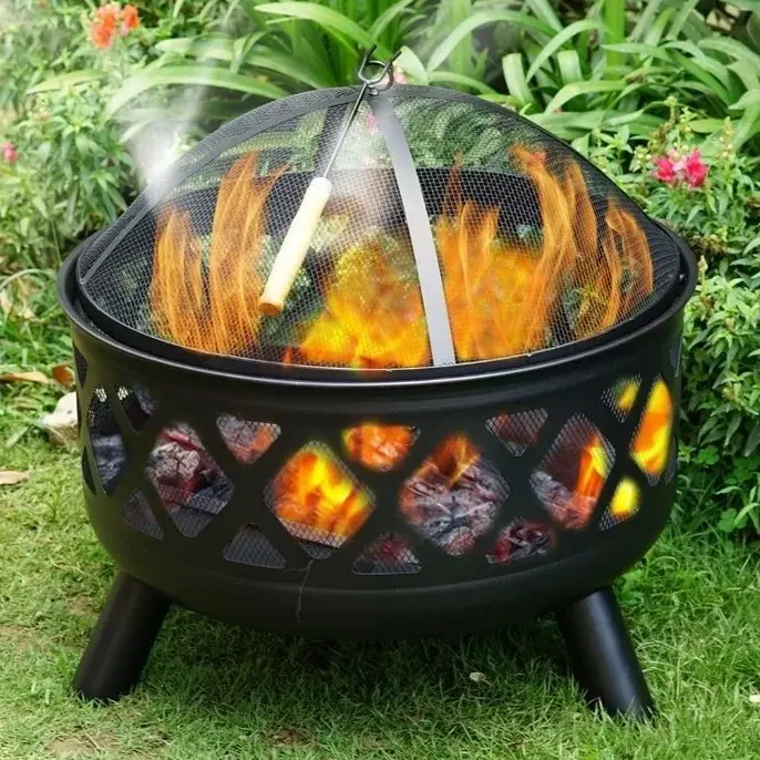 Burning Metal Fire Pit 61cm Letant Outdoor Garden Firewood BBQ Bonfire Patio 3