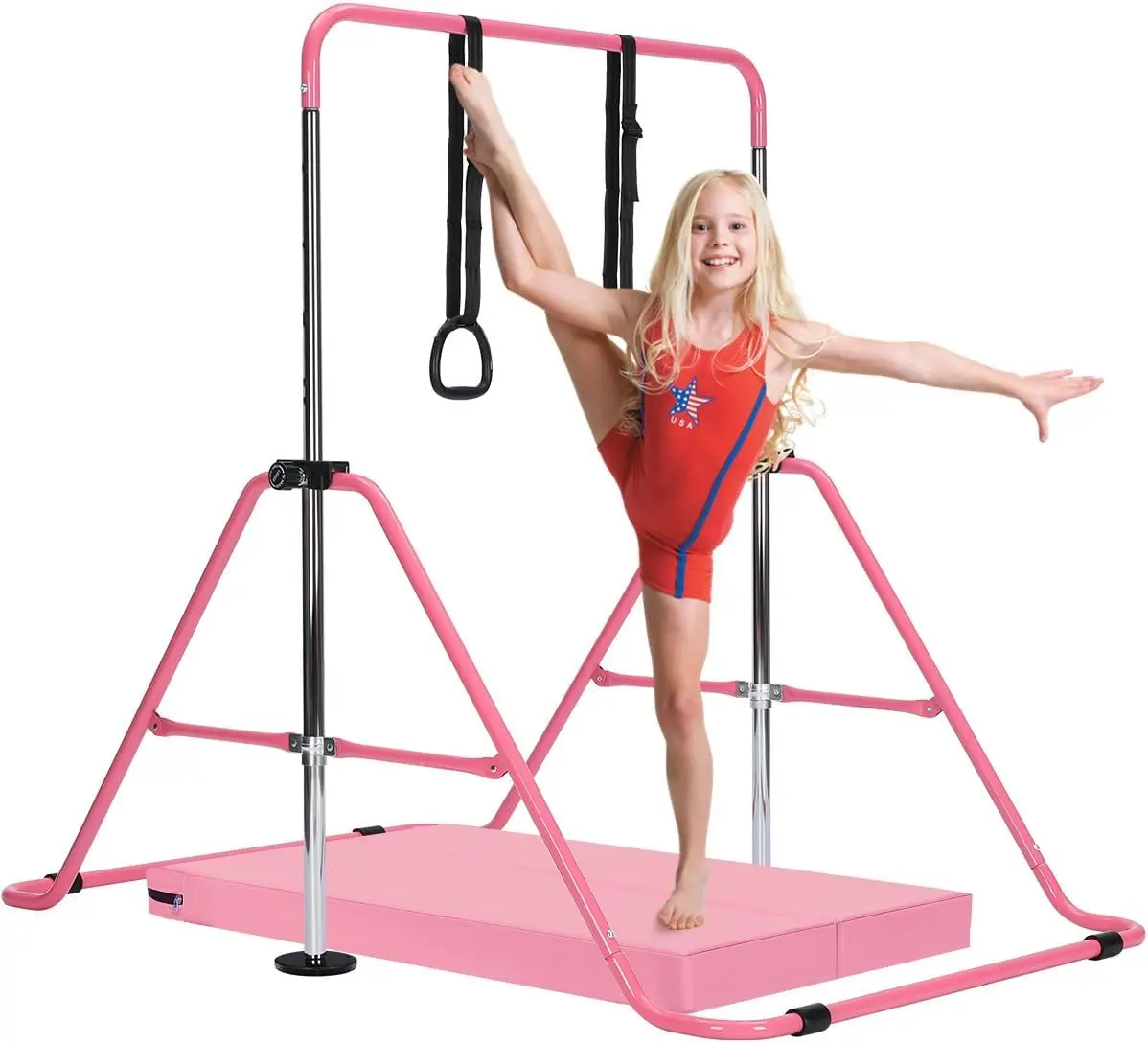 GoDyna Adjustable Kid Gymnastics Bar Training Kip Bar With Grips Wristbands Ground Nail Gymnastics Bar With Mats Bar Training Kip Bar Gymnastics Equipment kids Gymnastics Bars