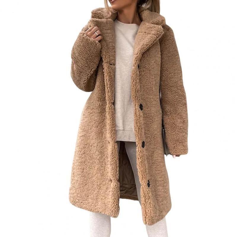 Trendy Women Overcoat Autumn Winter Women Trench Coat Long Style Pure Color Single-breasted Teddy Jacket  Windproof 7