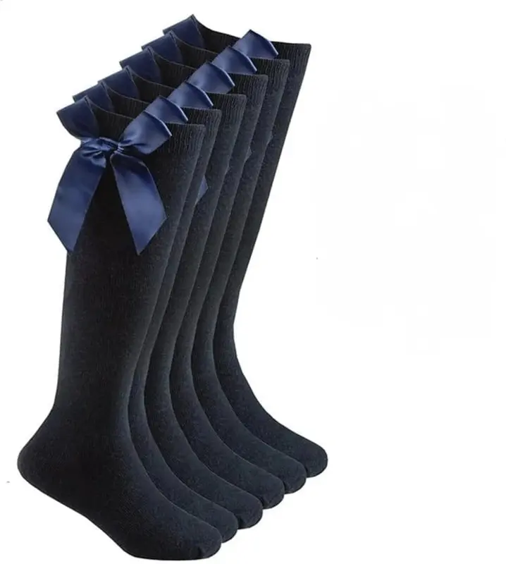 3 Pairs Girls Knee High School Socks Cotton Socks with Fluffy Ribbons Bow, Back to School Socks Uniform Party Wear Long Socks Girls Bow Knee High School Socks 2