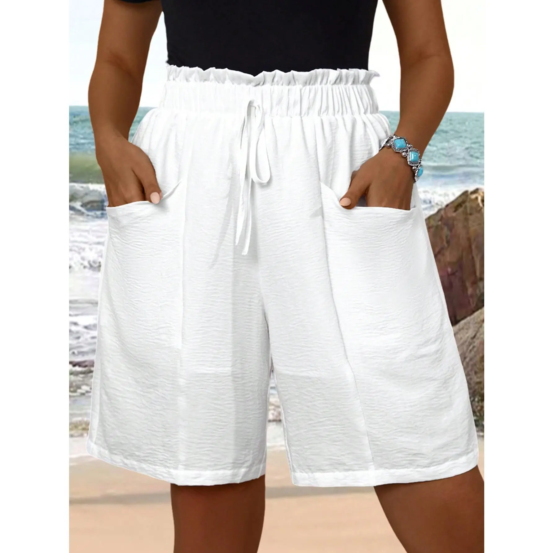 Emery rose plus size women's summer white doubledeck paper bag waist double pocket bandage comfy shorts
