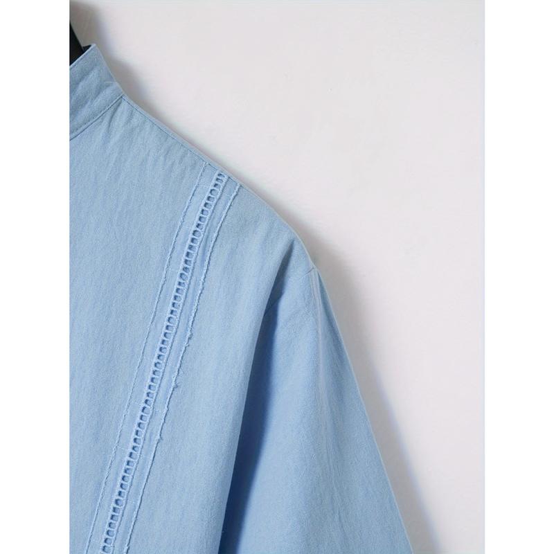Men's Solid Ethnic Style Band Collar Jacket For Spring Summer, Stylish Casual Cotton Shirt For Males 8