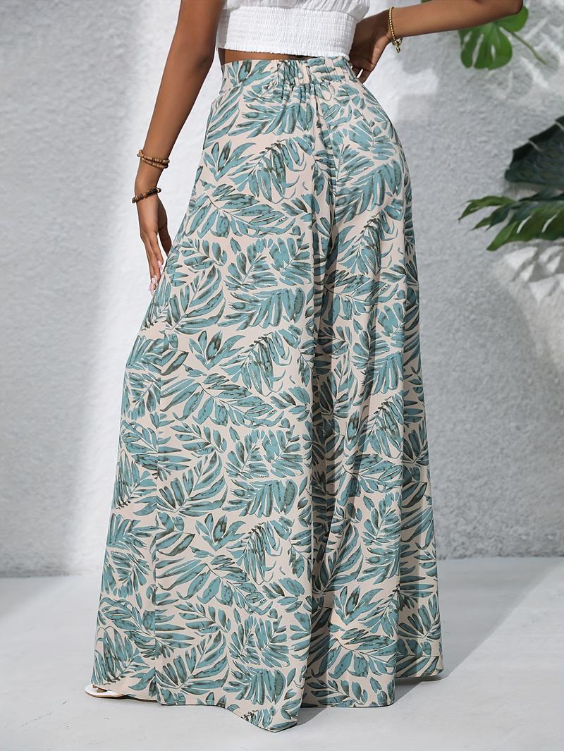 Product Introduction of Women'S Bohemian Floral Print Chiffon Wide-Leg Pants - High Waist, Elastic Waistband, Long Beach Trousers for Summer Vacation, Casual Elegant Style 24