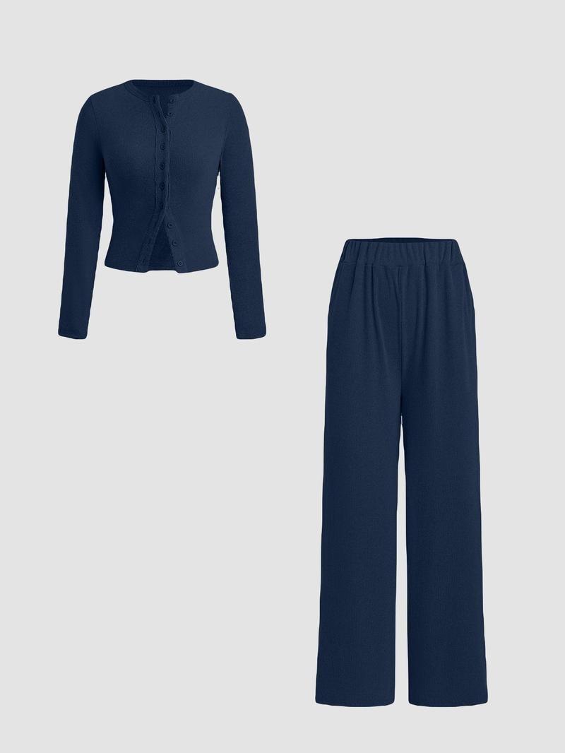 Product Introduction of Two-piece Set Women's Solid Button Front Ribbed Crop Top & Elastic Waist Pants, Casual Long Sleeve Round Neck Top & Trousers 2 Piece Set for Spring & Fall, Women's Clothes for Daily Wear, Sassyandclassyclothing 12
