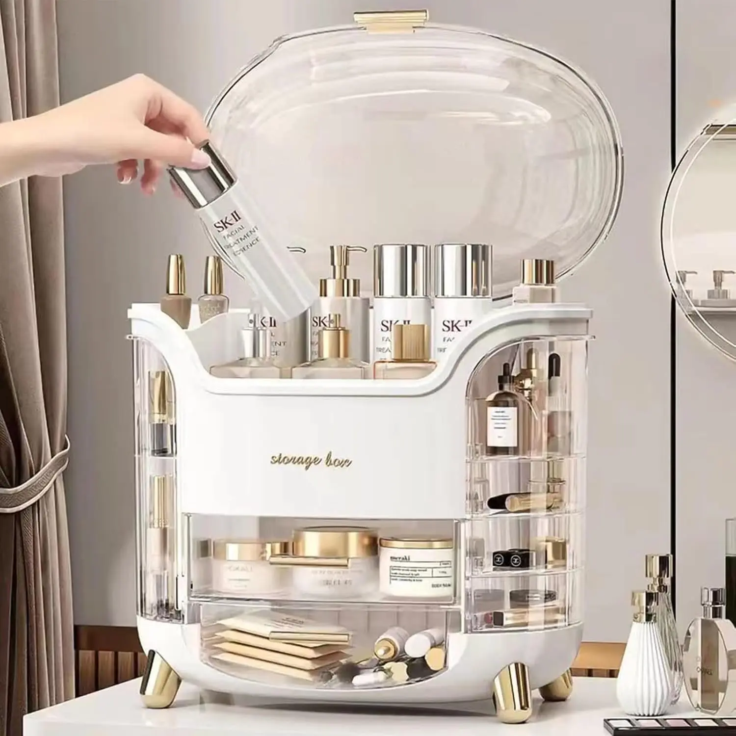 Makeup Storage Organiser with Clear Lid, Skincare Organizer Drawers Beauty Holder Cosmetic Organizers for Bathroom, Dressing Table Organizer Dustproof Waterproof Box Transparent Gift Cover Brush