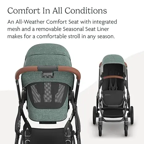 Full-Size Single-to-Double Stroller System - Toddler Seat, Bug Shield, Rain Shield, and Storage Bag Included - Gwen (Green Mélange/Carbon Frame/Saddle Leather) 1