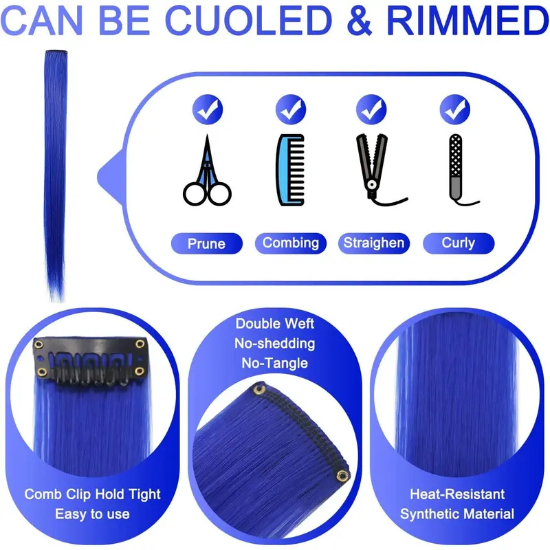 12Pcs Blue Hair Extensions Clip in Girls,21 Inch Heat-Resistant Synthetic Straight Blue Hair Accessories for Women Girls Gift Party Highlights Blue Hairpiece (Blue) 6