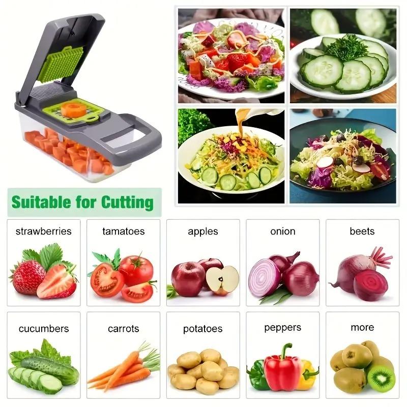 [UK Seller]Vegetable Chopper,16 in 1 Multifunctional Food Chopper With Vegetable Peeler, Kitchen Vegetable Slicer Dicer Cutter with Container, Chopper for Onion Carrot Cucumber(Grey) Basket Utensils Blade Peeling 3