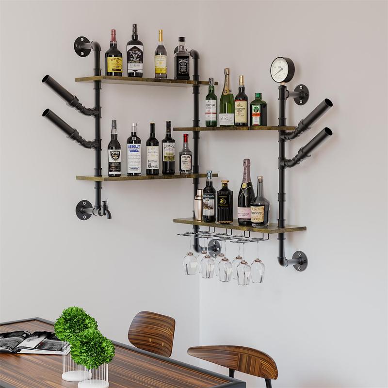 Pipe Bar Liquor Shelf, Floating Shelves with Wine Glass Holder, Wall Black Shelving Unit for Living Room and Kitchen 6