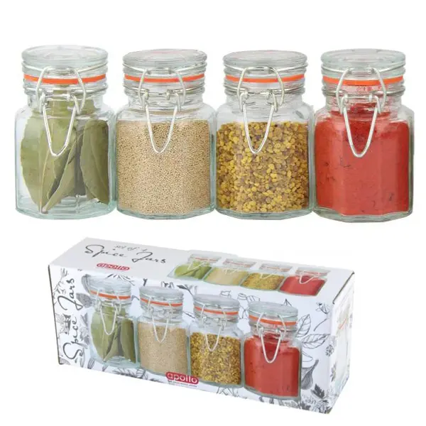 Stylish 4 Pack of Mini Clip Top Sealed Lid Kitchen Storage Containers for Herbs Spices Seasoning Jams Preserves – Easy Clean 70ml Pots with Sticky Labels Included Glass Utensils Airtight Lightweight Canister Metal Smooth Tin