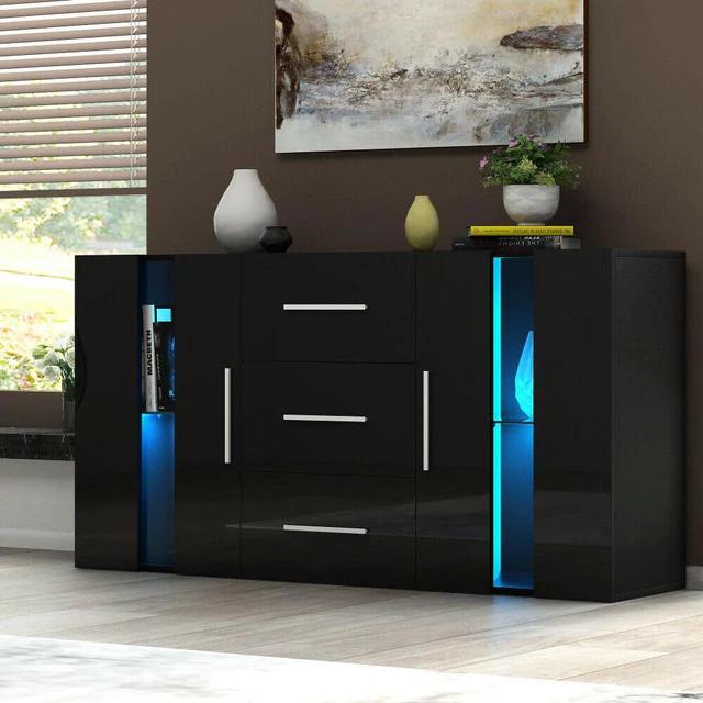 Product Introduction of LED Sideboard Cabinet 135cm in White/Black Finish storage media unit builtin wardrobe room partition 7
