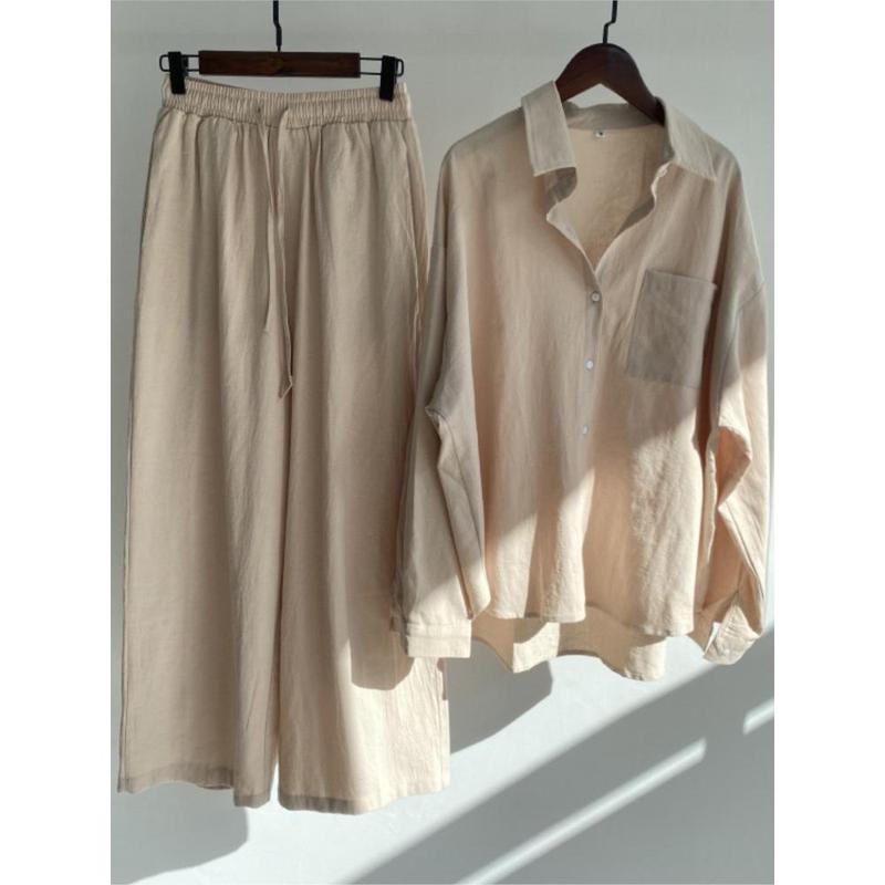 Autumn Women's Clothing 2025 New Fashionable Retro Cotton Linen Shirt High Waist Loose Long Sleeved Lace Up Pants Two-piece Set 5