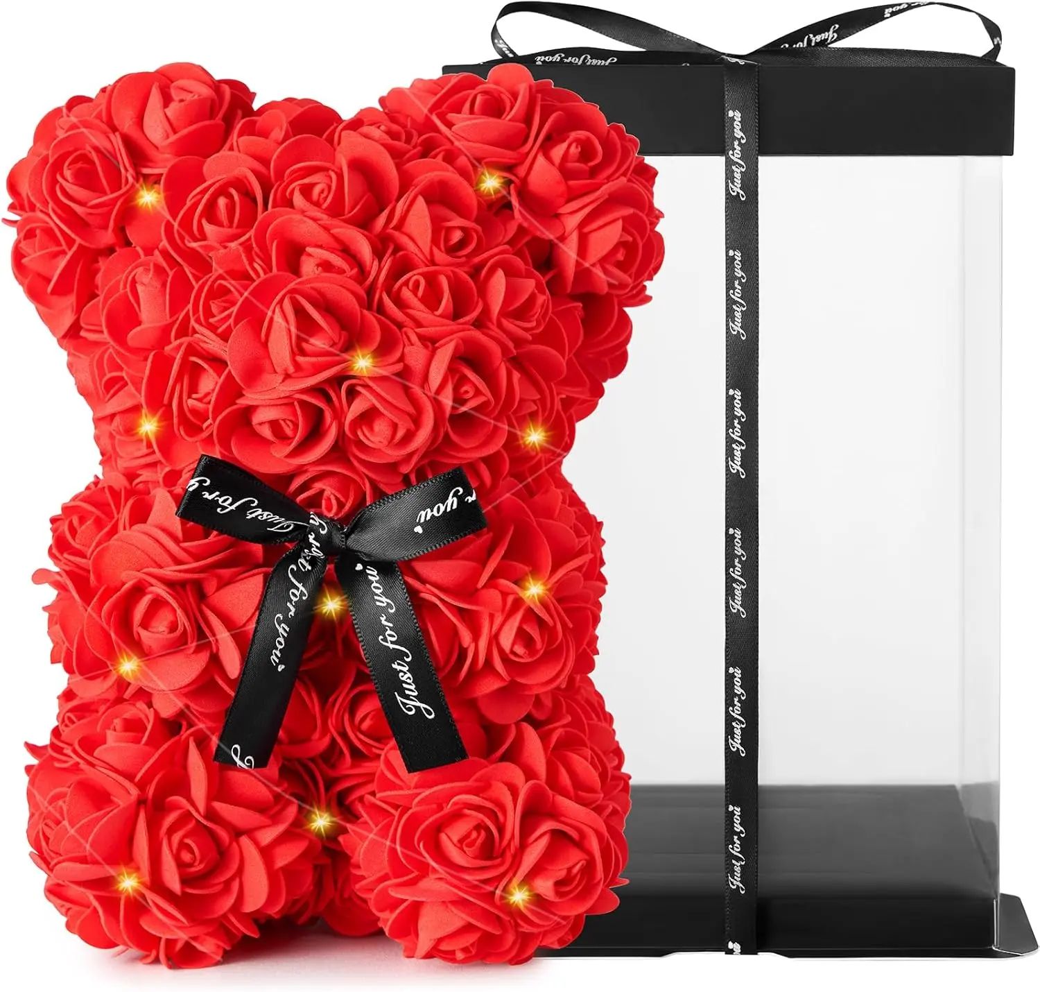Valentines Gift Rose Teddy Bear with Transparent Gift Box for Women | Rose Petals Flowers Teddy Bear Present for Wife/Mom/Girlfriend/Daughter Anniversary Birthday Gifts for Her| Just For You Plastic