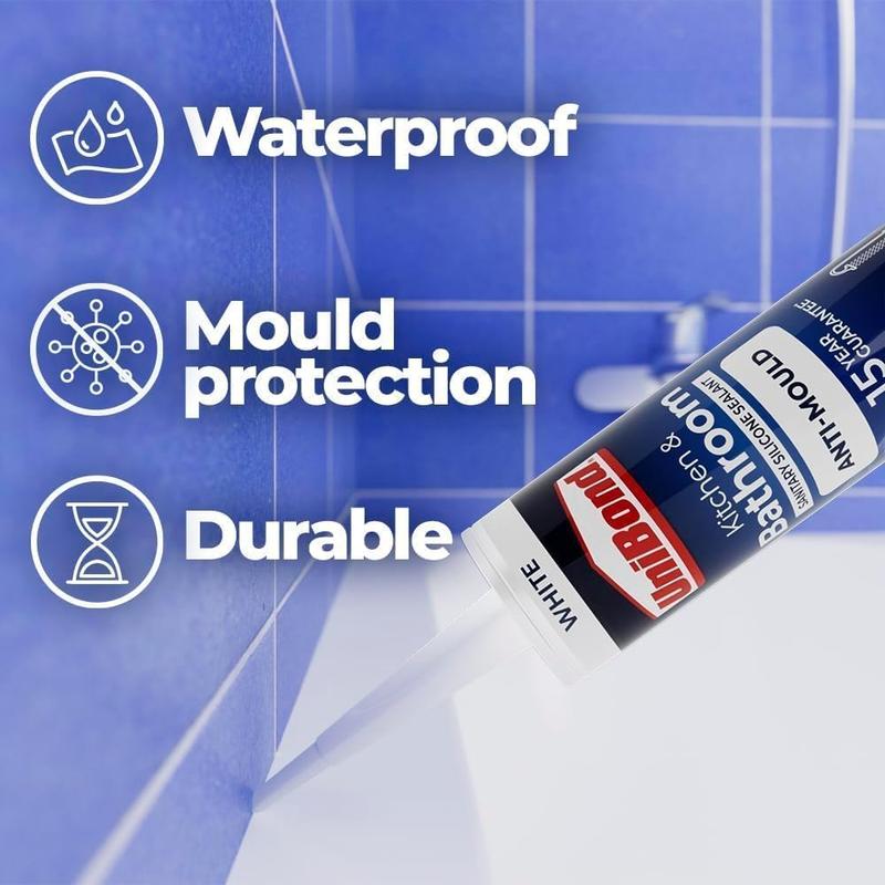 UniBond Anti-Mould White, Waterproof Mould Protection Kitchen & Bathroom Sealant, Long-lasting White Silicone Sealant, Powerful Shower Sealant, 1 x 274g Cartridge flex  seal epoxy  grout flex  seal 3
