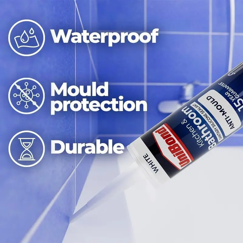 UniBond Anti-Mould White, Waterproof Mould Protection Kitchen & Bathroom Sealant, Long-lasting White Silicone Sealant, Powerful Shower Sealant, 1 x 274g Cartridge flex  seal epoxy  grout flex  seal 3