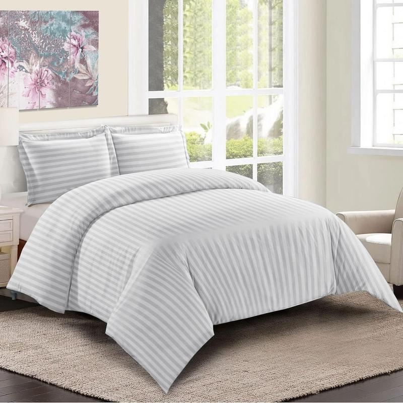 Satin Stripe Duvet Quilt Cover Bedding Set Single Double King Super-King Size W Pillowcases Microfiber Sleepdown Premium Hotel Quality Duvet Cover Set with Pillowcases Quilt Bedding Soft Easy Care Luxury Bed White Black Silver Cream Grey 1