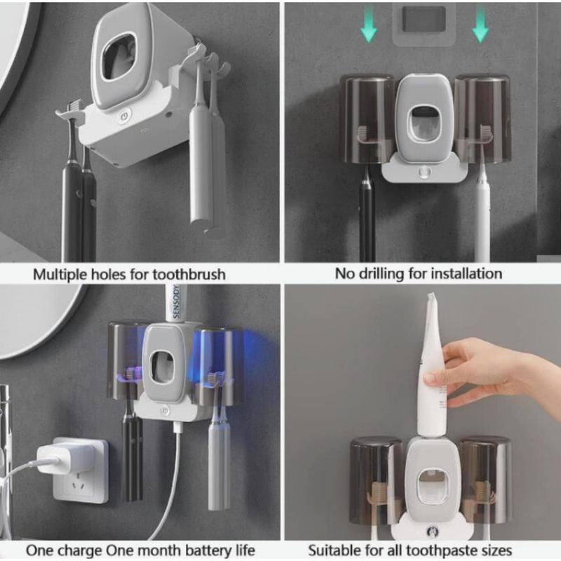 Product Introduction of 1pc Automatic Toothpaste Dispenser & Brush Holder, Toothpaste Dispenser Kit with 2 Cups, Toothpaste Squeezer Device For Bathrooms, Wall Mounted Shower Room Decor  Set Toothbrush bathroom  accessories 2