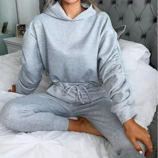 Women's Ladies Ruched Sleeve Hoodie top and Bottom Suit Lounge Set Tracksuit UK 5