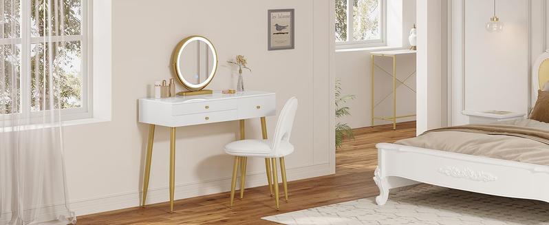 Product Introduction of WOLTU Dressing Table with LED Mirror, Adjustable Brightness, Vanity Table and Stool Set, Backrest Adjustable Dressing Chair, Modern Make Up Table with 3 Drawers (A White+gold) clear vanity 0