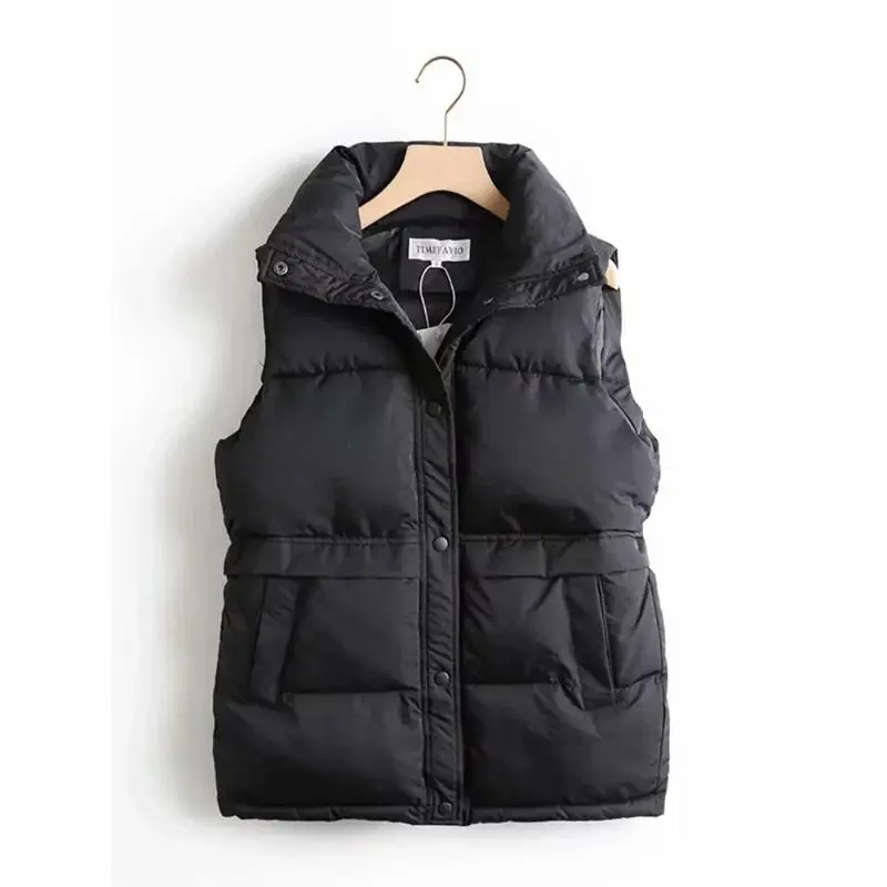 Autumn Winter Women Solid Loose Vest Drawstring Stand Collar Long Vest Jacket  Cotton Padded Women Windproof Warm Waistcoat 7