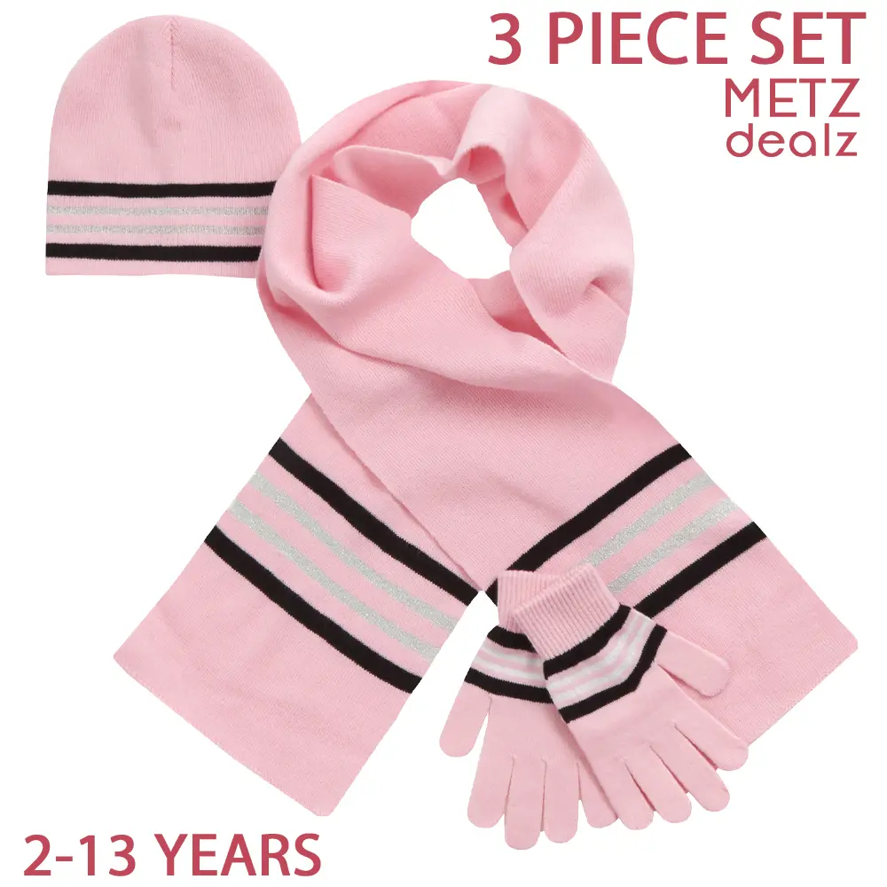 3 Piece Kids Girls Winter Matching Set Hat Scarf Mittens Gloves Head Cover Pink Stripes Size 2-13 Years Winter Set for Girls