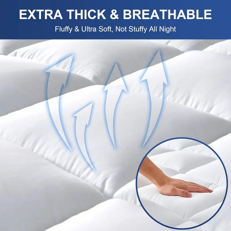 4" Inch Deep Mattress Topper 10cm Extra Thick Quilted Heavy Box Stitched Fluffy Hypoallergenic Microfiber with Strong Elasticated Corner Straps Matress Topper White Color Sizes Single, 4ft / Small Double, Double, King, Super King 3