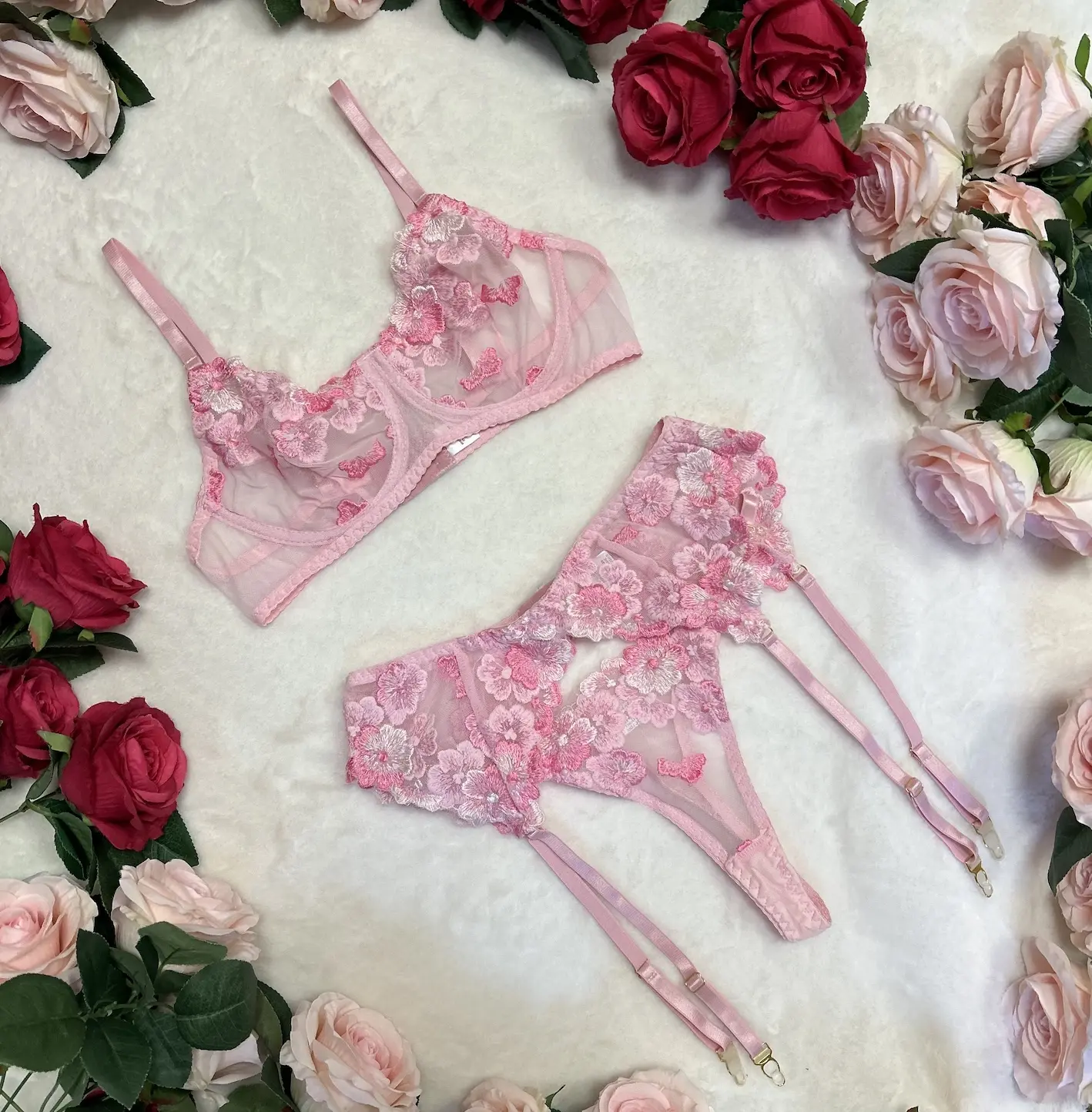Liliosa Lingerie Peony Chic Blush Pink Hue Floral Embroidery Mesh Sheer 3 Piece Set- (Bra + Garter + Pants) Comfortable Elegant Everyday Womenswear, Premium Fabric, Bridal Feminine Style Matching Fit,  Girl Gift, Soft Lace Adjustable Bra and Pants