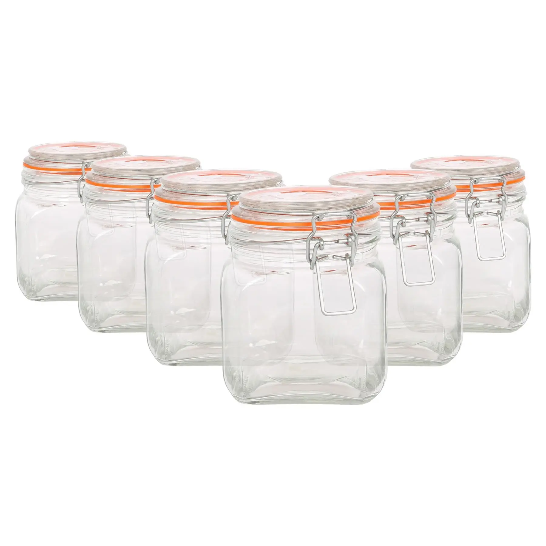 Argon Tableware Square Glass Jars with Clip-Top Lids - 760ml - Pack of 6