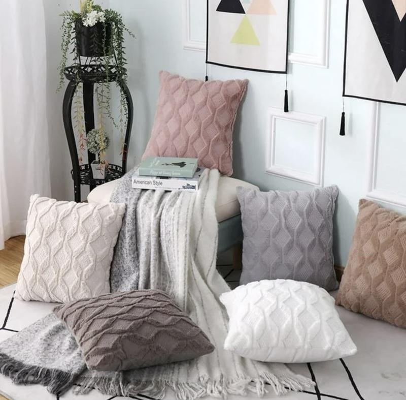 Set of 2 18x18" Luxury Textured Chenille Fur Geo Cushions Pillow Square Sofa Bed 1