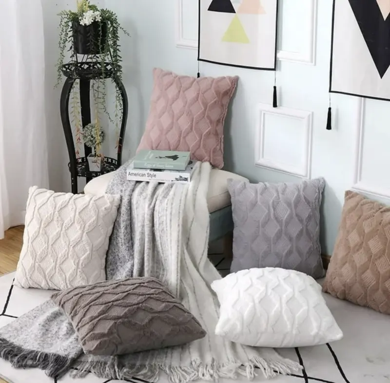 Set of 2 18x18" Luxury Textured Chenille Fur Geo Cushions Pillow Square Sofa Bed 1