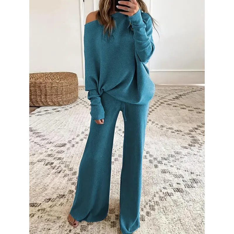 Elegant Knit Co-ord Set - Sweater Co-ords with Long Batwing Sleeves, One-shoulder Design, Drawstring Waist, and Wide Leg Pants - Soft, Comfortable, and Chic Women's Clothing Outfit for Casual Occasions 3