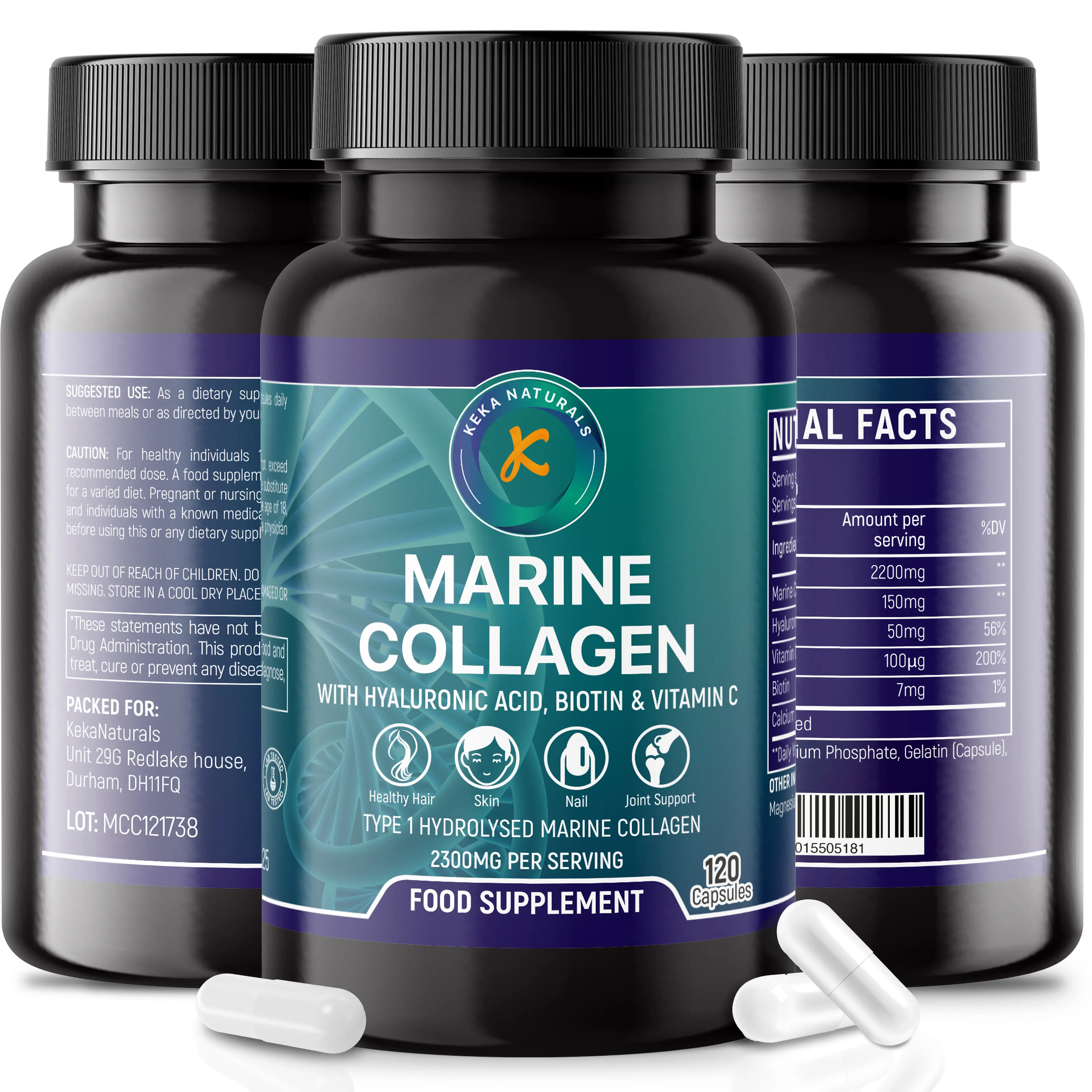 Hydrolysed Marine Collagen Peptides 2300mg - Enhanced with Hyaluronic Acid & Vitamin C - High Strength Collagen Supplements for Women and Men - 120 Capsules