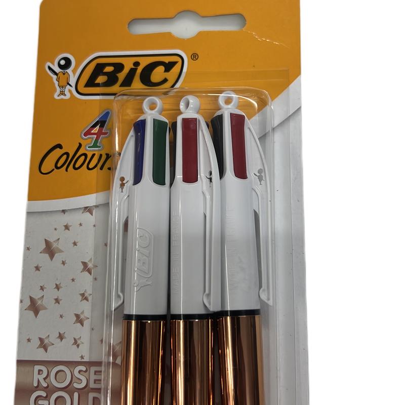 3 Pack BIC 4 Multi Colour Shine Ballpoint Pens in Blue with ROSE GOLD Accents 3
