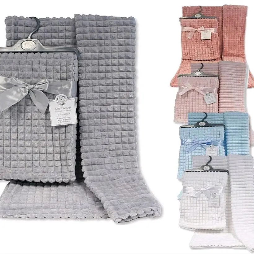 fleece pram blanket 5 colours with square design baby chunky swaddle newborn winter blue