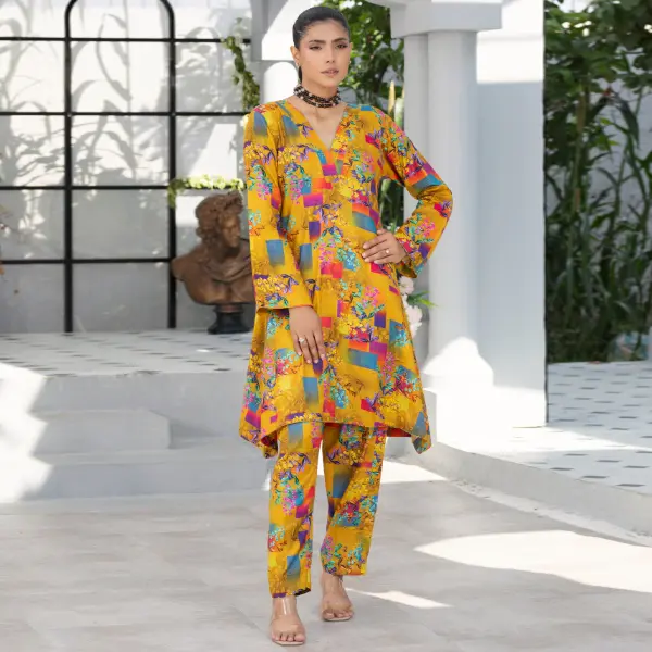 Readymade womenswear Linen Ethnic Floral Printed CO-ORDS-1452-Mustard Shirt Suit 0