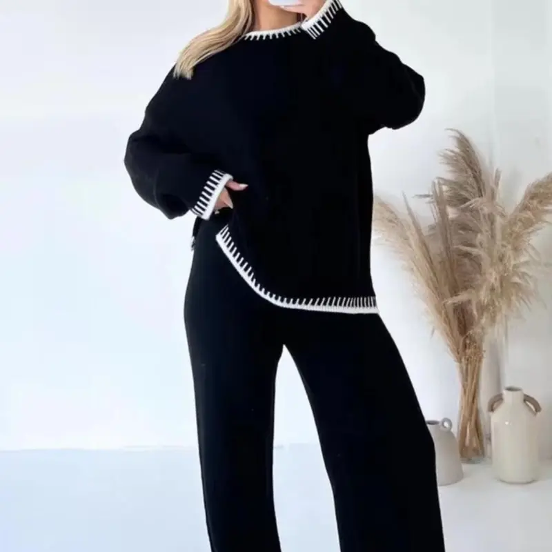 Women Knitted Stiched Wide Leg Co-ord Suit Loungewear Set 1