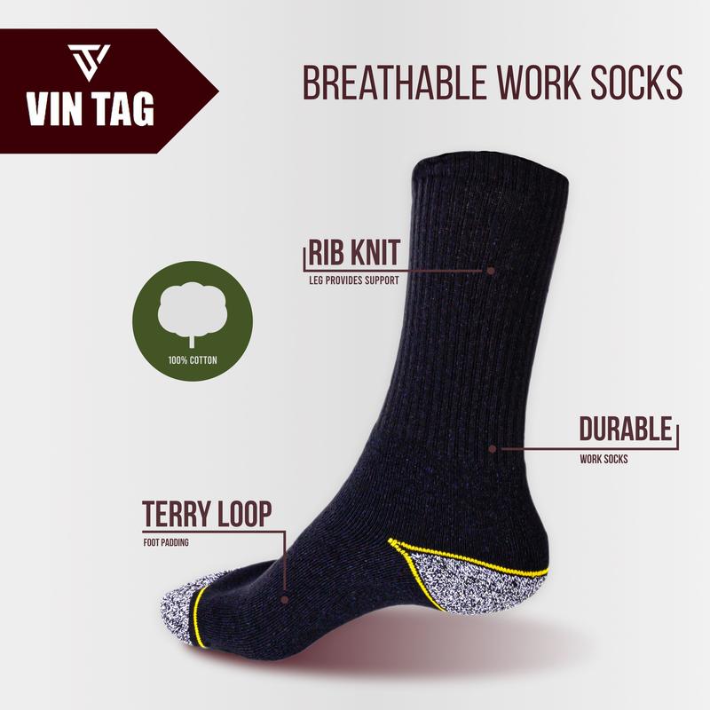 VIN TAG Men's Heavy Duty Work Socks, Professional Mens Socks with Reinforced Heel and Toe Protection for Extra Support and Comfort Cotton Men's Socks Pack of  3,6,9 AND 12  Polyester Fabric Menswear Breathable Day Stretch Thick Cap Layer Yellow Grey 5