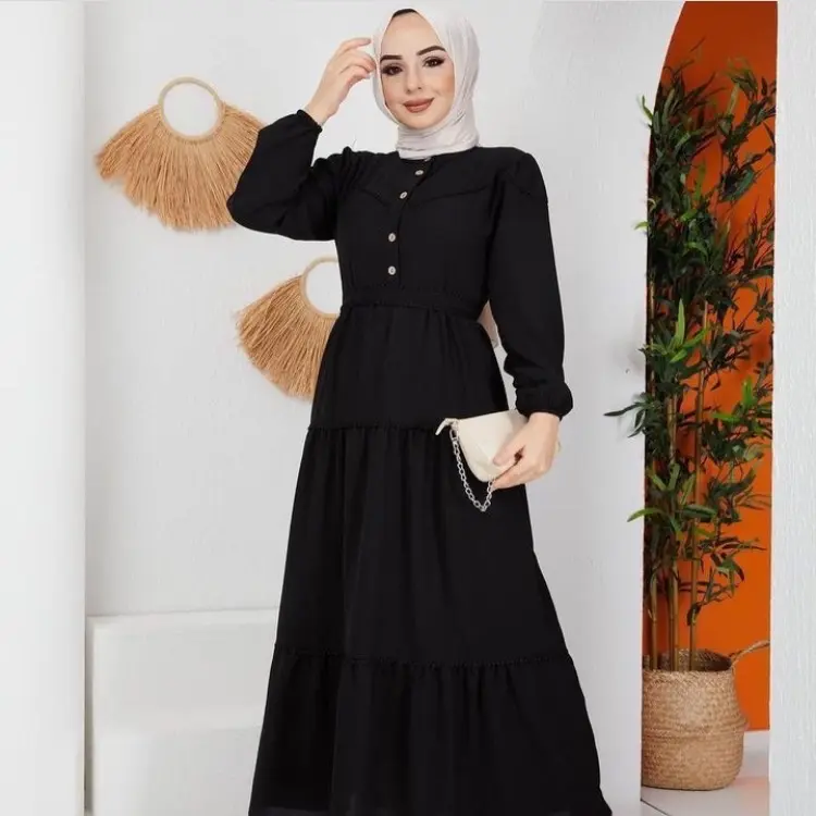 Women's Black Tiered Puff Sleeve Maxi Dress for Casual Wear - Womenswear | Abaya Dress | Made in Turkey
