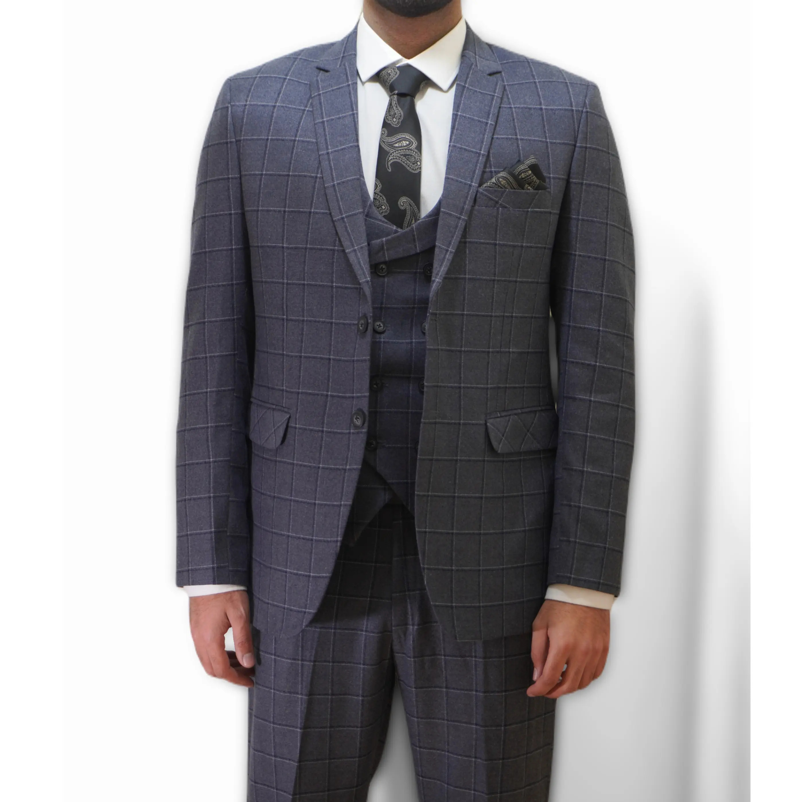 Preston Tweed Grey Suit 3 Piece Mens, Wedding, Prom, Groomsmen, Office - Check pattern