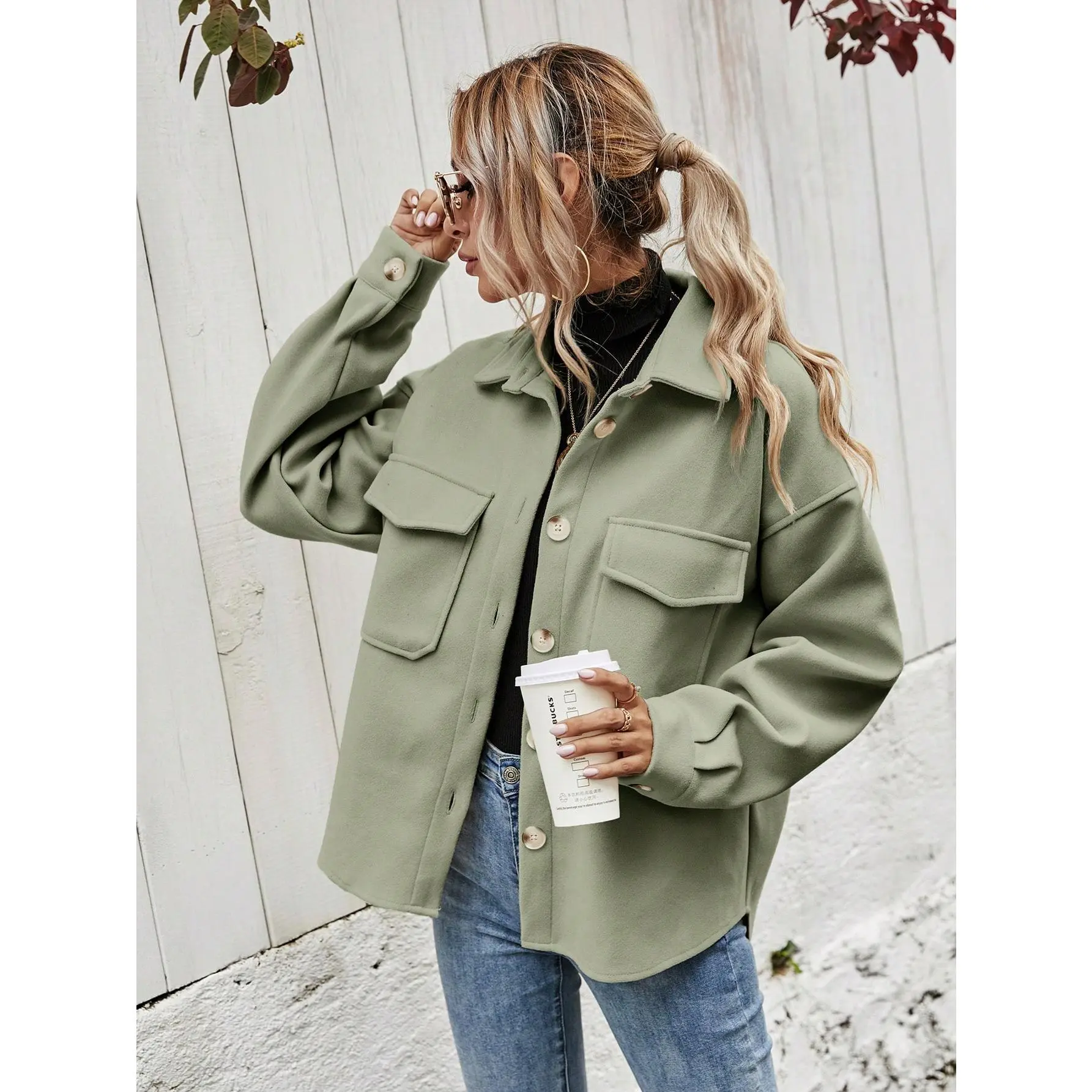 Frenchy Women's Solid Color Dropped Shoulder Long Sleeve Cargo Pocket Casual Knitted Coat, Autumn Winter,Ladies Spring/Fall Casual Button,Pocket Drop Shoulder Collar Regular Fit Green Plain Women Overcoats,Casual Daily Wear