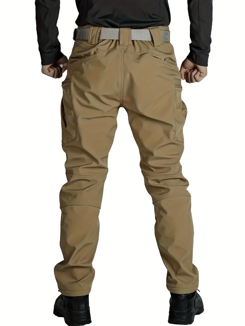Product Introduction of Men's Solid Color Thermal Cargo Pants, Slightly Stretch Multiple Pockets Design Pants For Winter Outdoor Activities Menswear Trouser Plain Beige 12