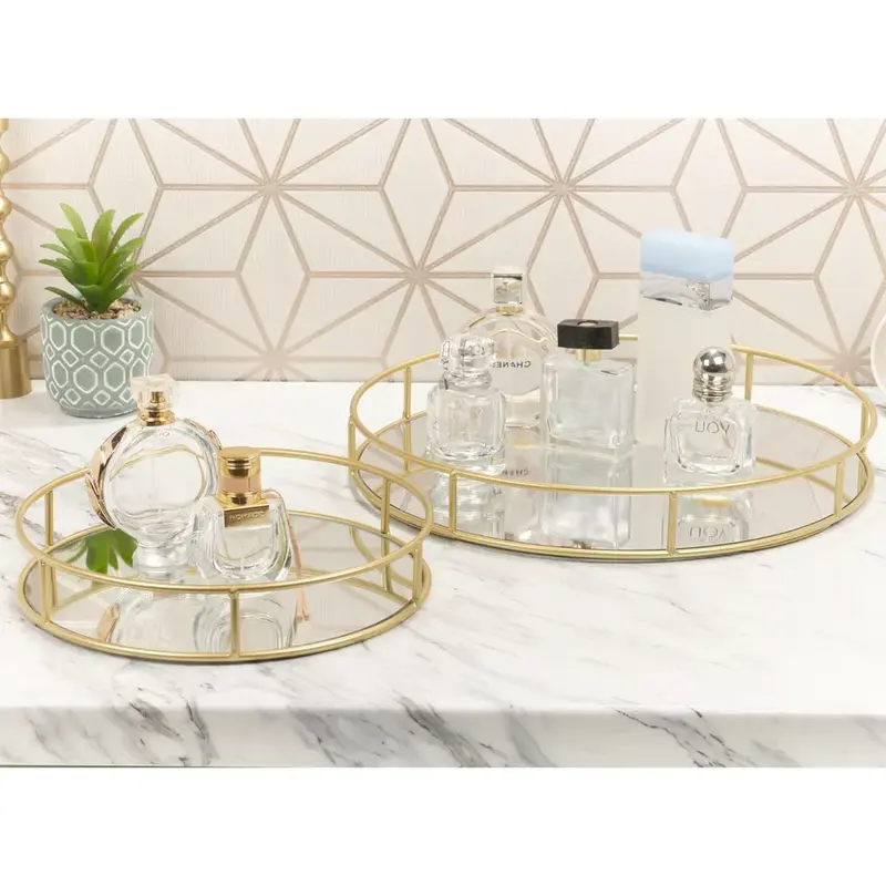 Set of 2 Metal Gold Decorative Mirror Trays Vanity Perfume Decor Candle Holders Freshener 5