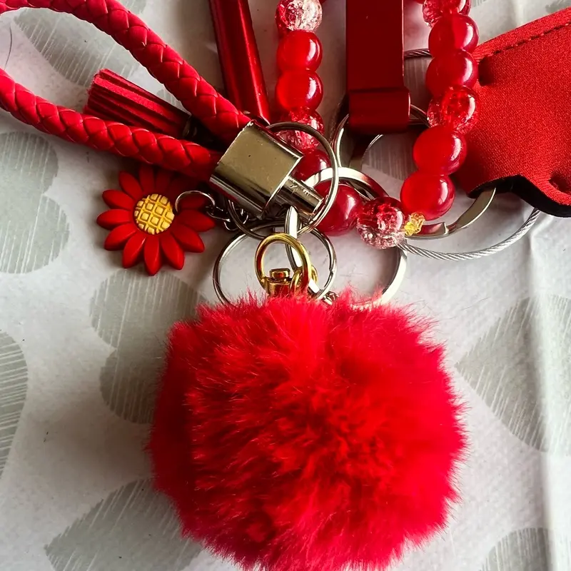 Safety Keychain with Key Holder, Anti Bac/Lipstick Case, Bottle Opener, Whistle, Pom Pom and Key Ring - Available in Multiple Colors custom 4