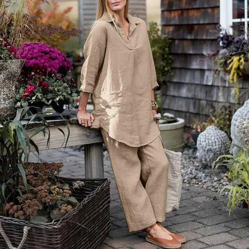 2024 Spring Top Trousers Suit Cotton Linen Women Shirt Pants Set Long Sleeve Lapel Shirt Top Wide Leg Pants Two Piece Suit